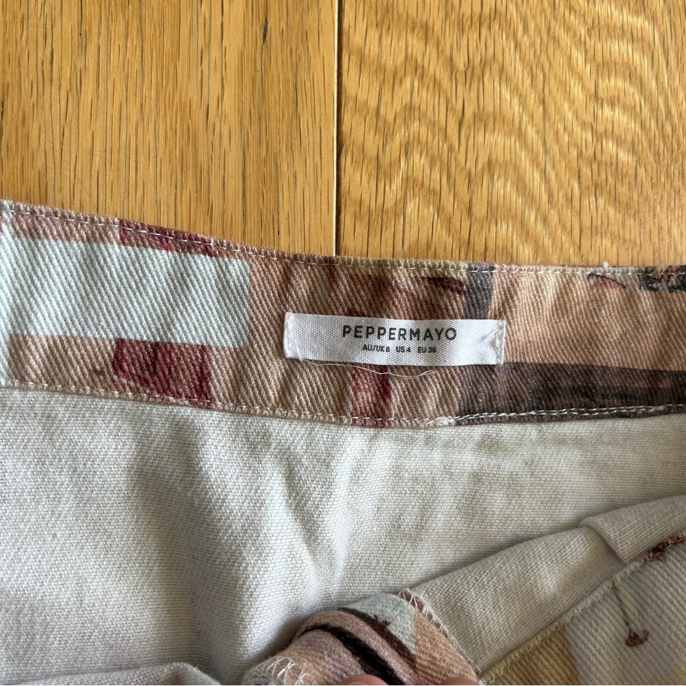 Peppermayo Y2K Denim Graphic Mini Skirt Brown Cream Tan Letters Race Cars US 4 - Picture 6 of 7